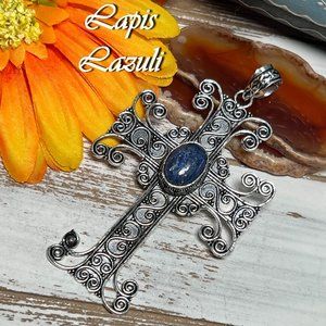 Lapis Lazuli Cross Pendant Handmade Gemstone Crystal Silver Overlay Boho Large